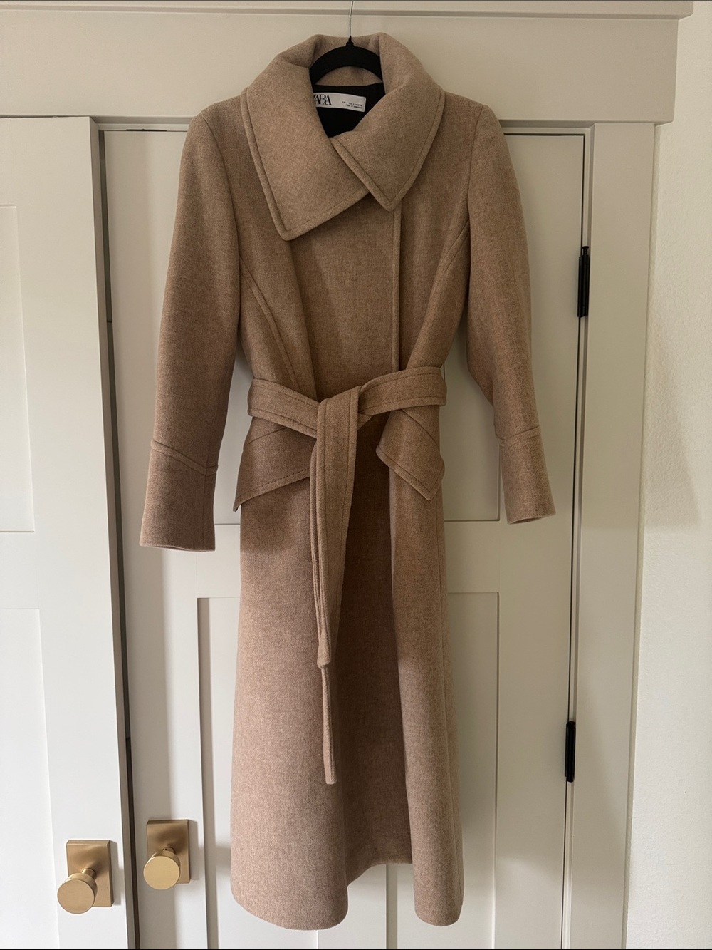 Zara Long Camel Belted Wool Coat